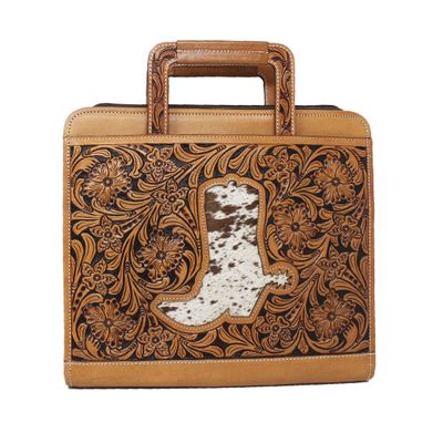 Western Floral Leather Cowboy Boot Cowhide Cut-Out Folder Portfolio Messenger Bag 18FKM06 18FKM06