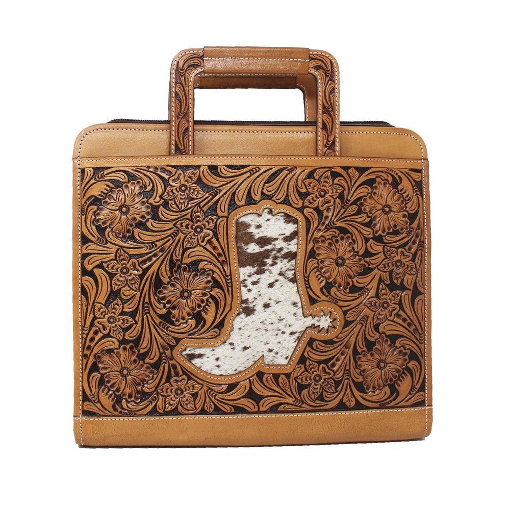 Western Floral Leather Cowboy Boot Cowhide Cut-Out Folder Portfolio Messenger Bag 18FKM06 18FKM06