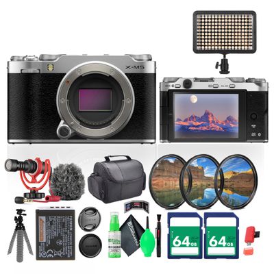 Fujifilm X-M5 Mirrorless Digital Camera Body - Silver Bundle with 2X 64GB Memory Card + Rode VideoMicro Ultracompact Camera-Mount Microphone + More