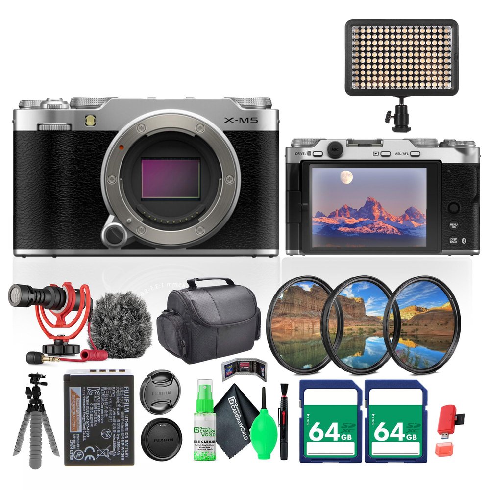 Fujifilm X-M5 Mirrorless Digital Camera Body - Silver Bundle with 2X 64GB Memory Card + Rode VideoMicro Ultracompact Camera-Mount Microphone + More