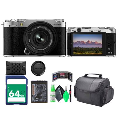 Fujifilm X-M5 Mirrorless Digital Camera with Fuji XC 15-45mm f/3.5-5.6 OIS PZ Lens Kit - Silver Bundle with 64GB Memory Card + Cleaning kit + Travel Bag + More