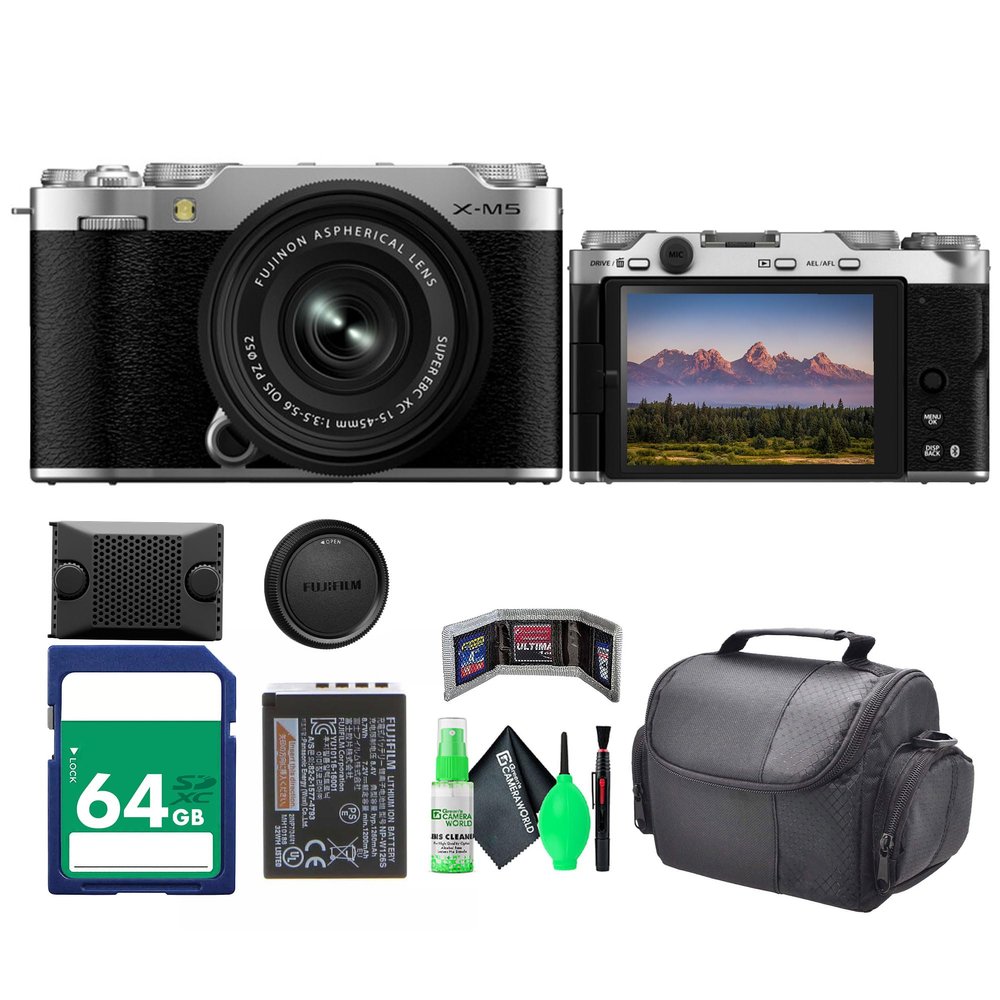 Fujifilm X-M5 Mirrorless Digital Camera with Fuji XC 15-45mm f/3.5-5.6 OIS PZ Lens Kit - Silver Bundle with 64GB Memory Card + Cleaning kit + Travel Bag + More