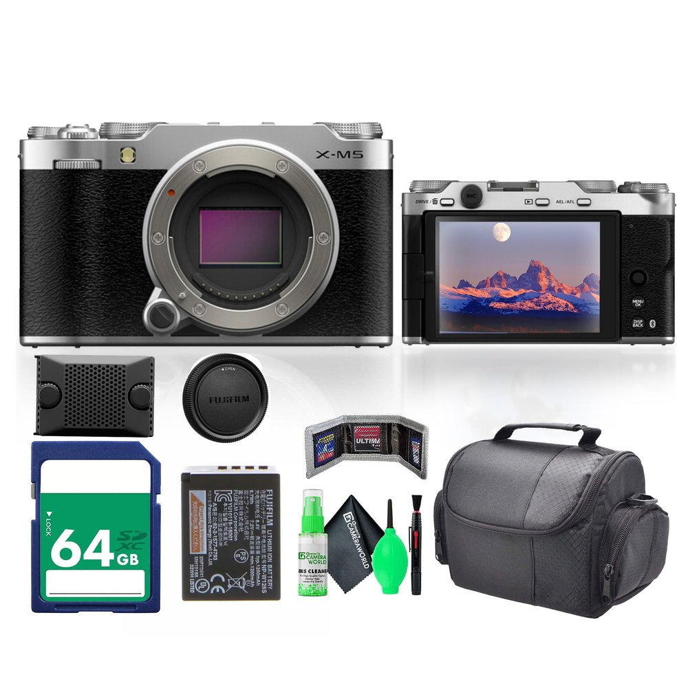 Fujifilm X-M5 Mirrorless Digital Camera Body - Silver Bundle with 64GB Memory Card + Cleaning kit + Memory Card Wallet + USB Card Reader, SD/microSD + Travel Bag
