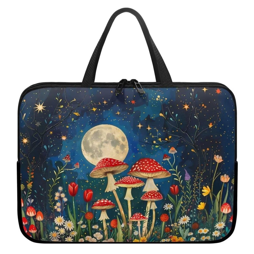 15.6 17inch Laptop Bag for Women,Mushrooms Moon Print Laptop Briefcase,Laptop Sleeve Case with Handle Zippers,Laptop Case Gift for Girl,Blue