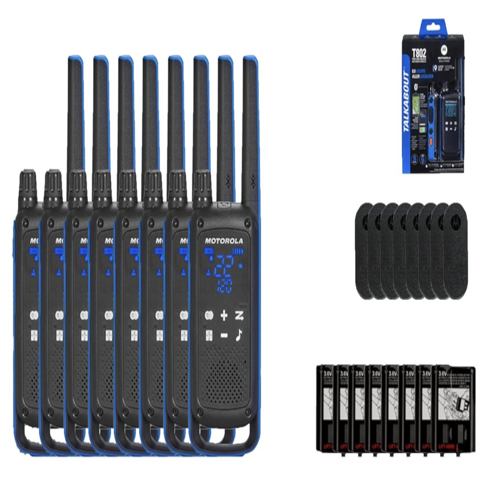 Motorola Solutions, Talkabout T802, Portable FRS Two Way Radio 8 Pack Walkie Talkies Blue/Black 22 Channels Bluetooth Capable Rechargeable Location Sharing 8 Radios
