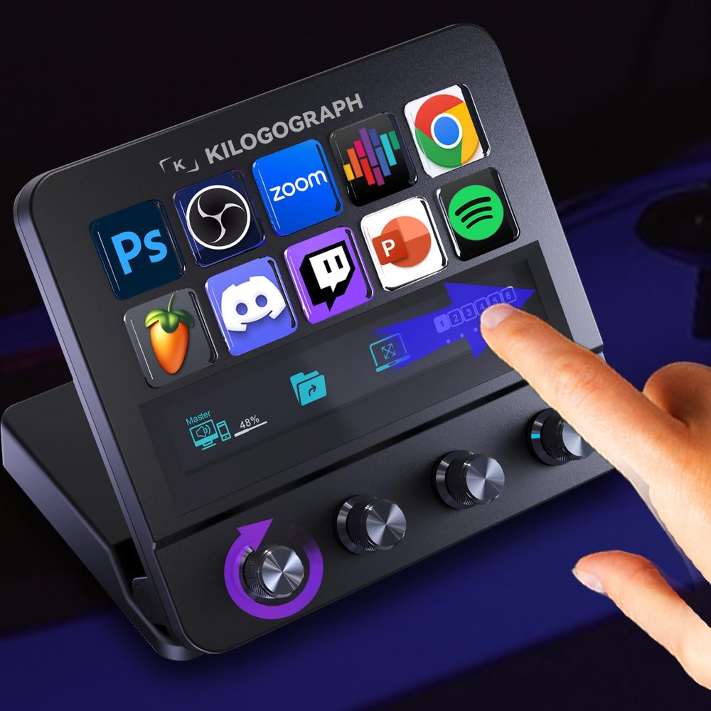 KILOGOGRAPH Stream Dock with Knobs Screen N4E - Streamdeck for PC Mac, Mirabox Macro Keyboards with 10 Macro Buttons, Volume Brightness Control, Wired Streaming PC Controller, Live Gaming Deck Plus