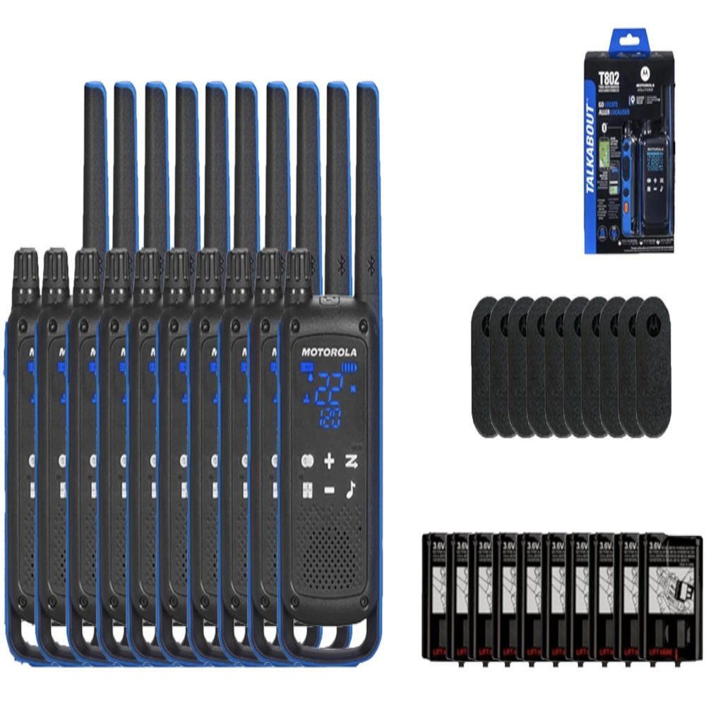Motorola Solutions, Talkabout T802, Portable FRS Two Way Radio 10 Pack Walkie Talkies Blue/Black 22 Channels Bluetooth Capable Rechargeable Location Sharing 10 Radios