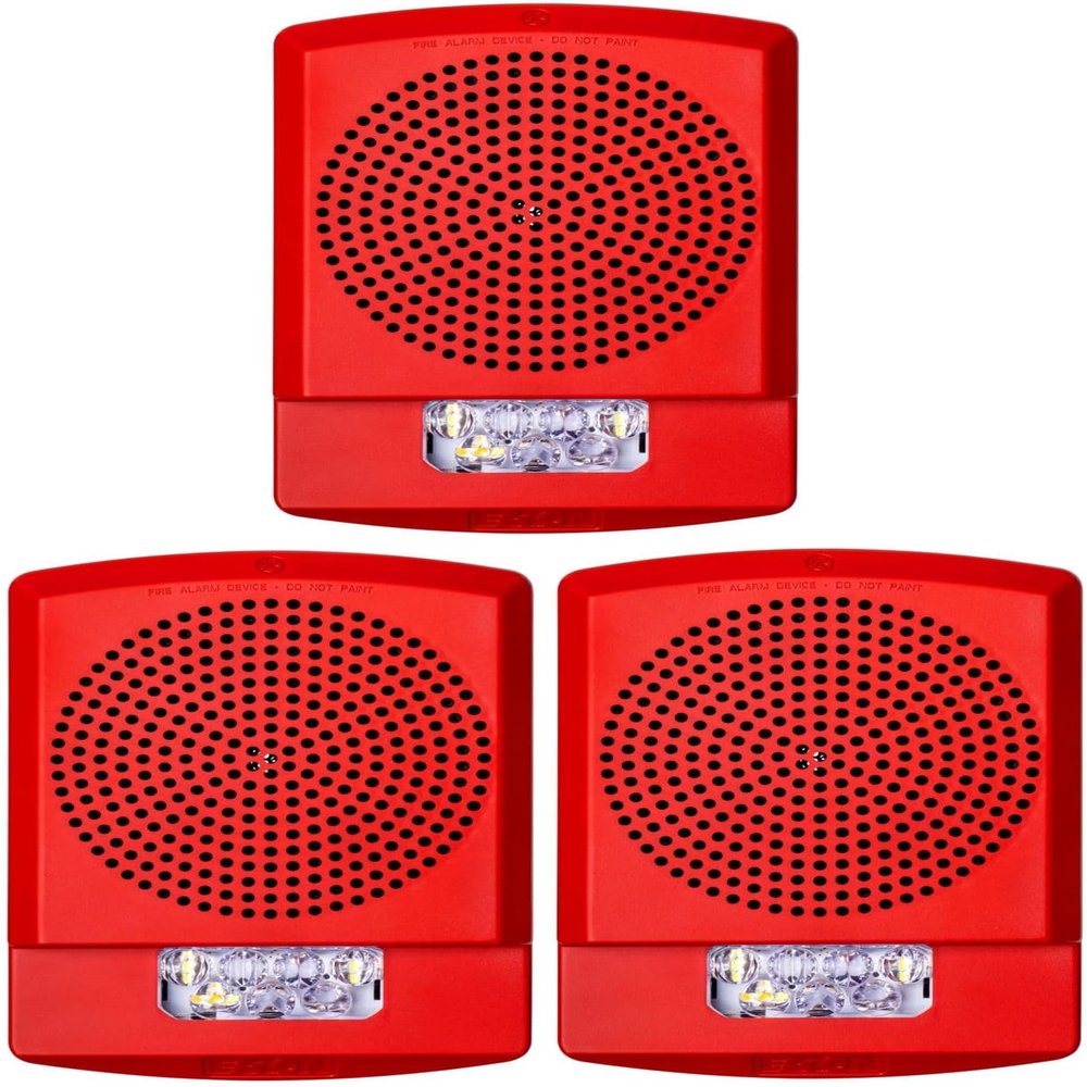 ELMTSR-N Pack of 3 Multitone Horn Strobes, Red; NO Lettering; Clear Lens; 15/30/75/110/135/185 cd; 8 Signals in 1 Device; 24V; Indoor; Wall Mounting; Mounting Plate Included
