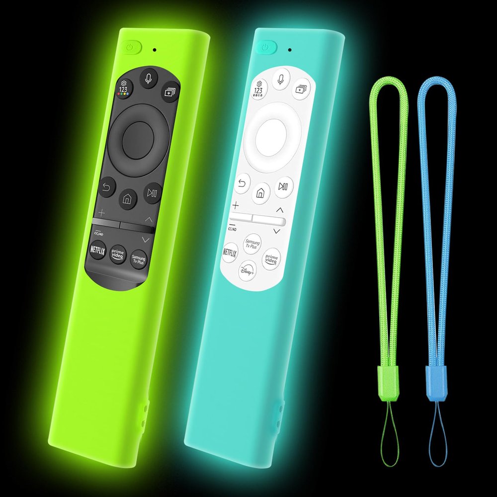 [2 Pack] Climberer Glow in The Dark Silicone Remote Cover for Samsung Flat Smart TV (2021-2025)  Protective Case for SolarCell Remotes BN59-01388A, BN59-01357, BN59-01385 (Luminous Green + Blue)