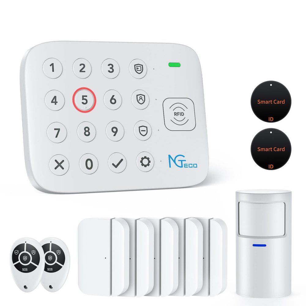 NGTeco 11-Piece Home Security Alarm Kit, Wi-Fi Home Security System with Keypad, Motion Sensor, 5 Entry Sensors, Window and Door Protection - No Contract, Compatible with Alexa & Google