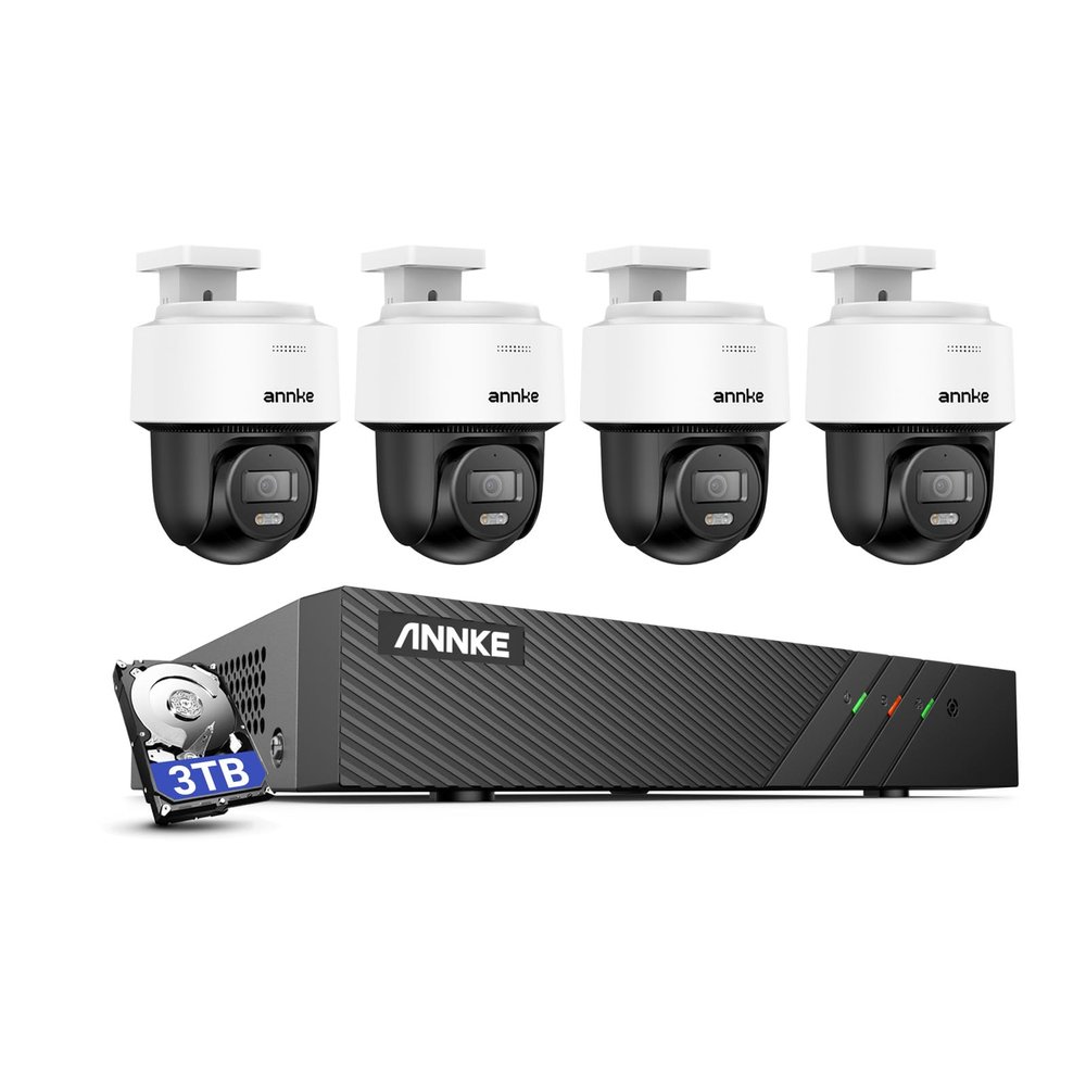 ANNKE 3K PT PoE Camera System, 4pcs IP Security Camera Outdoor, 8CH H.265+ NVR with 3TB HDD, AI Human Detection, Two-Way-Audio, Auto-Tracking Lite, Smart Dual Light, 512GB SD Card Slot, CPT500