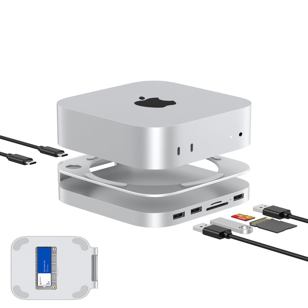 GEWOKLIY Mac mini M4 Dock, Aluminum Stand and Hub for Mac mini M4 and M4 Pro 2024 with M.2 NVMe SSD Enclosure, 2X USB-A 10Gbps, SD/TF Card Readers, USB 2.0 Data (MC60)