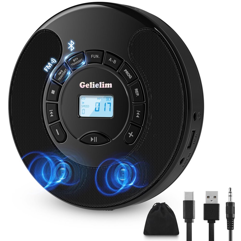 Gelielim Portable CD Player for Car, Rechargeable Personal CD Player with FM Transmitter, Bluetooth Transmitter & Receiver, Dual Stereo Speakers, AUX Output, Anti Skip, MP3 CD/CD-R/RW Disc Player