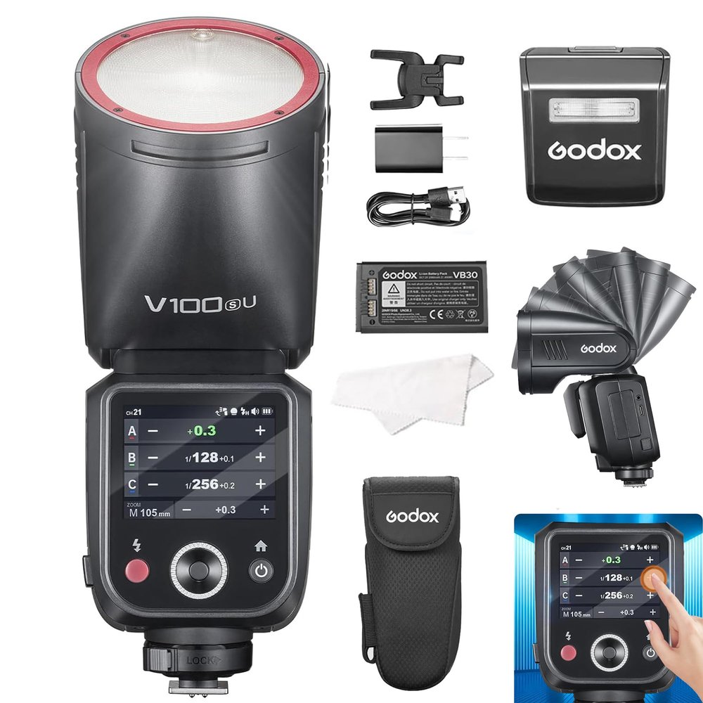 Godox V100-S Camera Flash for Sony,100Ws TTL Round Head Speedlite,400-Full-Power-Flashes,Touch Screen 2.4G Wireless X System for A77II,A99,A77,DSC-RX10,A6000,A7R,A6400,A7RII,A7RIII,A7M3,A9