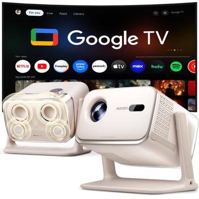 Aurzen BOOM mini Google TV Outdoor Smart Projector with Voice Control, Family Mode, 20W Dolby Audio, WiFi & Bluetooth, 4K Supported Movie Projector for Backyard/Bedroom/Home Theater/Ceiling, Off-white