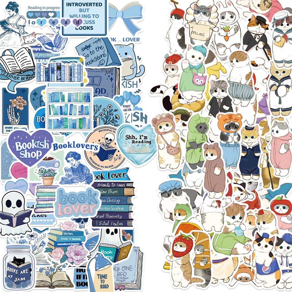 100Pcs Book Stickers for Kindle and Case, Cute Cat & Blue Bookish, Adult Spicy BookTok, Waterproof Bookish Vinyl Stickers for Laptop, Water Bottle, for Book Lovers