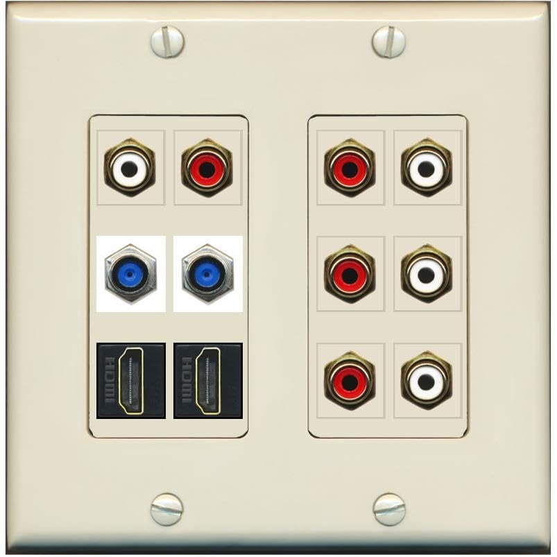 2 Gang Face Plate 8 X RCA Red/White 2 X F81 Coax 2 X HDMI Wall Plate - 2 Gang [Light-Almond]