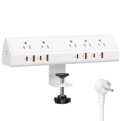 Desk Clamp Power Strip 65W Fast Charging Station,4 PD USB-C,5 Outlets,Nightstand Desk Edge Mount Tower Surge Protector,15 Amp Heavy Duty Power Strip,Fits 1.96" Tabletop Edge (White, 10 FT Cable)