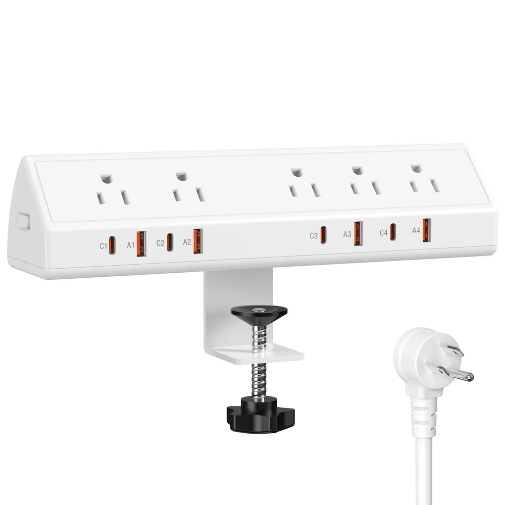 Desk Clamp Power Strip 65W Fast Charging Station,4 PD USB-C,5 Outlets,Nightstand Desk Edge Mount Tower Surge Protector,15 Amp Heavy Duty Power Strip,Fits 1.96" Tabletop Edge (White, 10 FT Cable)