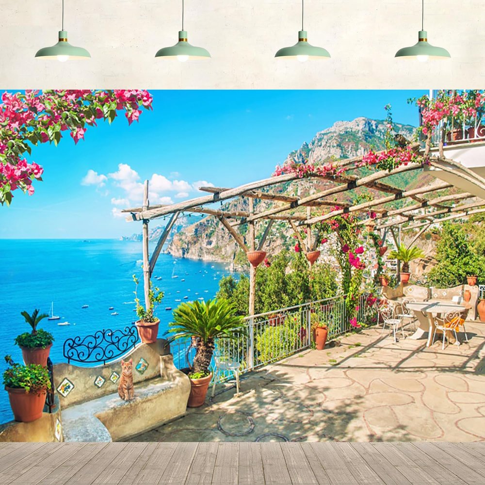 15x10ft Garden Terrace Backdrop Coastal Scenery Blue Sea Flowers Archway Nature Landscape Background Birthday Bridal Shower Party Supplies Kids Adult Portrait Photography Photo Studio Props