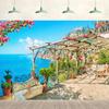 15x10ft Garden Terrace Backdrop Coastal Scenery Blue Sea Flowers Archway Nature Landscape Background Birthday Bridal Shower Party Supplies Kids Adult Portrait Photography Photo Studio Props view 1