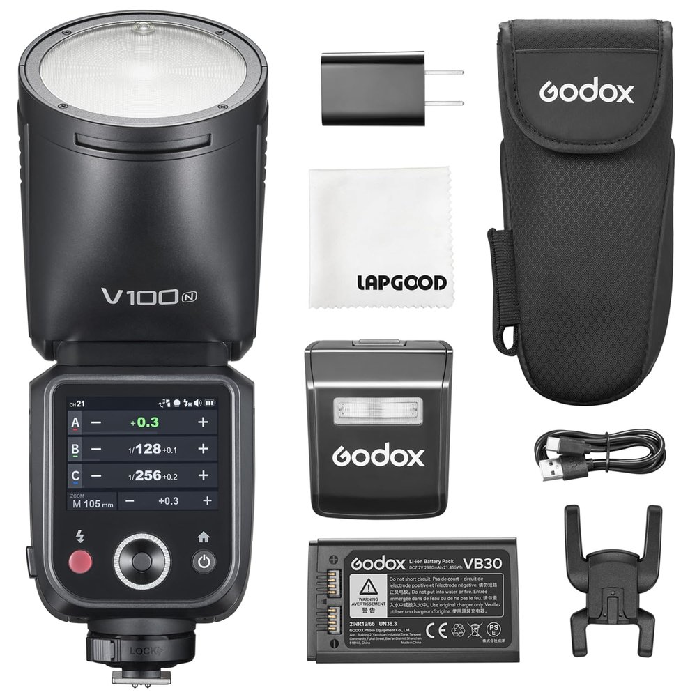 Godox V100N Flash Godox V100 for Nikon, 100Ws TTL Speedlite HSS 1/8000S, 70 Full Power Flashes, Touchscreen Control, 2.4G Wireless X System, Shoe-Mount Flash for Nikon Camera