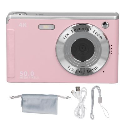 4K Digital Camera 16X Zoom Anti Shake 50MP Autofocus Compact Camera with Fill Light (Light Red)