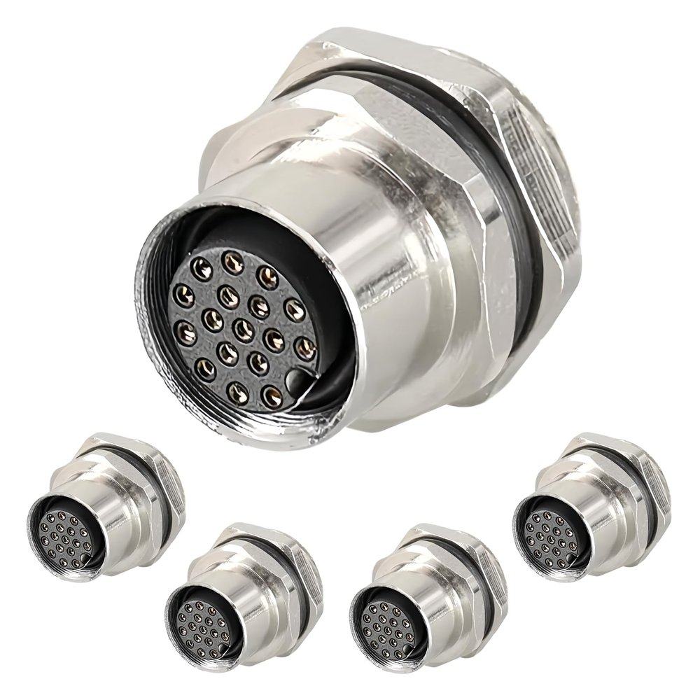 5Pcs M12 Male and Female Socket 4 5 8 pins Weld IP67/68 Install Front/Rear Panel Waterproof Circular connectors (Behind The Board (with a 16mm Opening),17P Female  5Pcs,Wire bonding Type)