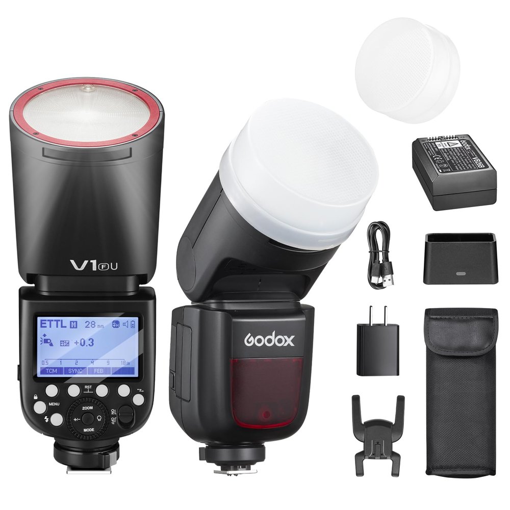 Godox V1F Camera Flash with Diffuser for Fujifilm, Godox V1-F U HSS TTL Round Head Speedlight with Accessories Kit for Portrait, Event, Travel, Wedding Photography