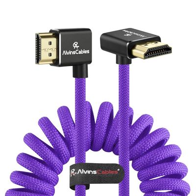 Alvin's Cables 8K HDMI 2.1 Cable 8K@60Hz 4K@120Hz High-Speed Braided Coiled Cable for Atomos Ninja,for Feelworld,for Sony FS5 FS7 FX9,BMPCC,for Canon C300 C500,Left to Up Angle Purple
