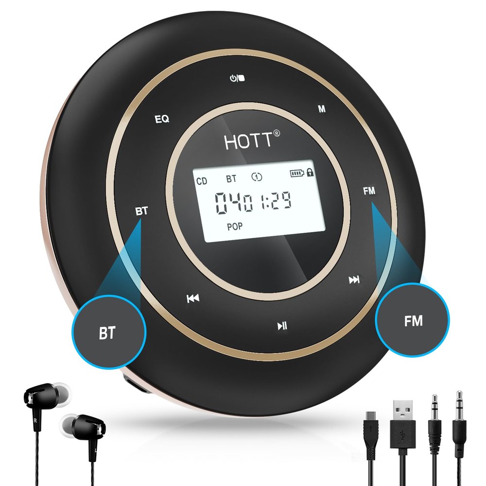 HOTT C105 Portable CD Player FM Transmitter Rechargeable Compact CD Player with Touch Buttons Backlit Display Black