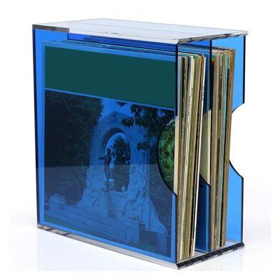 LZMZMQ Table Top Vinyl Record Holder Box, Clear Acrylic Vinyl Record Display Rack for Hotels/Bars/Party/Concerts, 25-30 LP Albums Books Organizer, Saving Space(Blue)