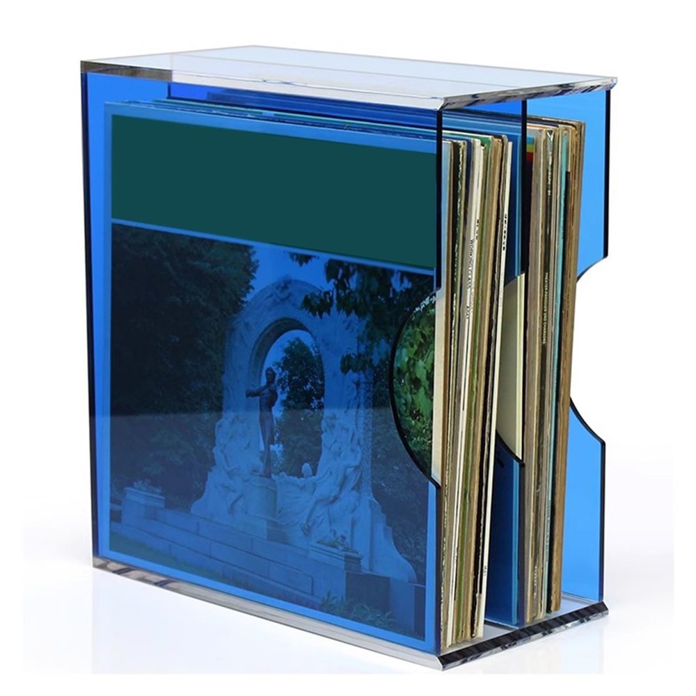 LZMZMQ Table Top Vinyl Record Holder Box, Clear Acrylic Vinyl Record Display Rack for Hotels/Bars/Party/Concerts, 25-30 LP Albums Books Organizer, Saving Space(Blue)