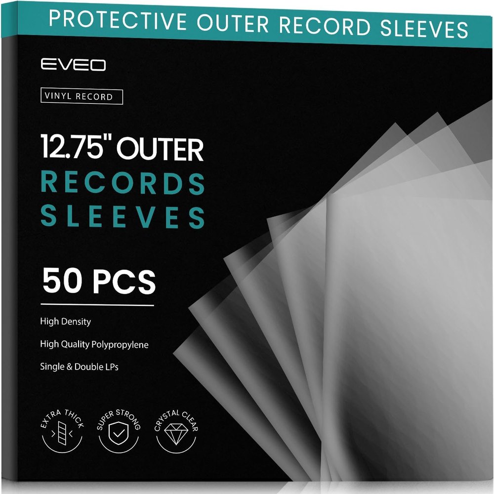 EVEO 50 Vinyl Record Sleeves Outer Crystal Clear Outer Vinyl Sleeves LP Album Covers 12.75"x12.75" | Perfect Fit Protective 3 Mil Protection for Single & Double LPs - Archival Standard