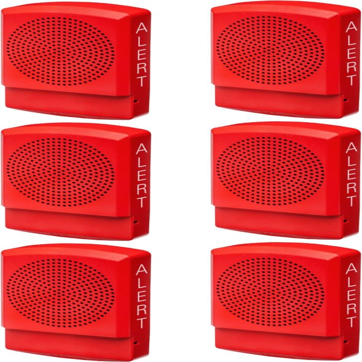 ELFHNR-AL Pack of 6 Low-Frequency Sounders, Red; Alert Lettering; Built-in Level Adjustment Feature and Snap-on Grille Cover; 3 Horn Patterns; Indoor; Wall Mounting; 24 Volts; Mounting Plate Included