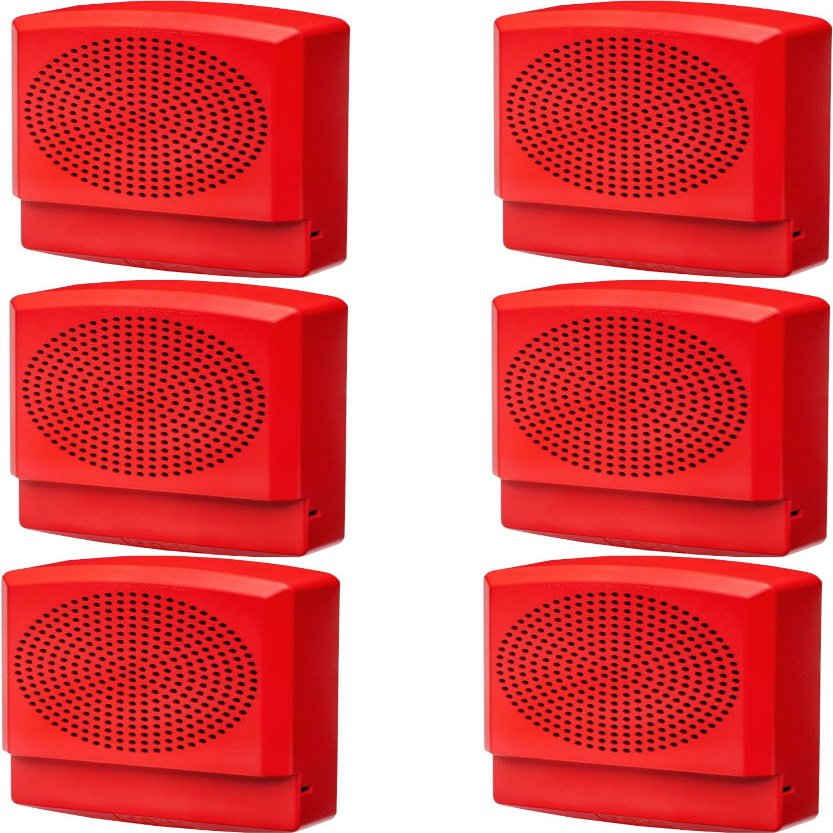 ELFHNR-N Pack of 6 Low Frequency Sounders, Red; No Lettering; Built-in Level Adjustment Feature and Snap-on Grille Cover; 3 Horn Patterns; Indoor; Wall Mounting; 24 Volts; Mounting Plate Included