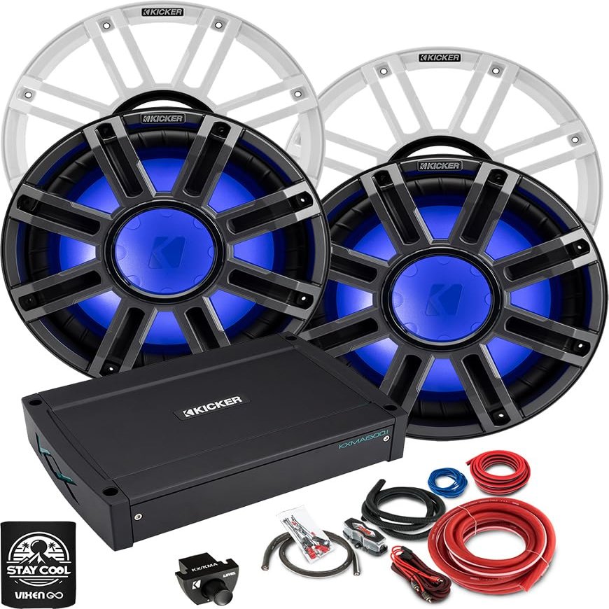 KICKER Subwoofer and Amp Package of 6 Items - 10" MWE 800 Watt Subs with Charoal and White Grilles, Class D Monoblock Amplifier and 0AWG Power Wiring Kit