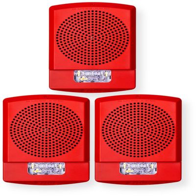 ELFHSR-CO Pack of 3 Low Frequency Sounder Strobes, Red; CO Lettering; Clear Lens; Built-in Level Adjustment and Snap-on Grille Cover; Indoor; Wall Mounting; 110/177 cd; 24V; Mounting Plate
