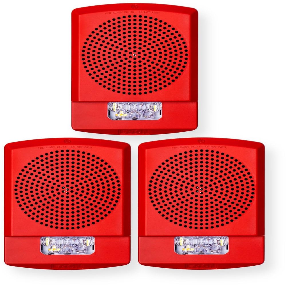 ELFHSR-CO Pack of 3 Low Frequency Sounder Strobes, Red; CO Lettering; Clear Lens; Built-in Level Adjustment and Snap-on Grille Cover; Indoor; Wall Mounting; 110/177 cd; 24V; Mounting Plate