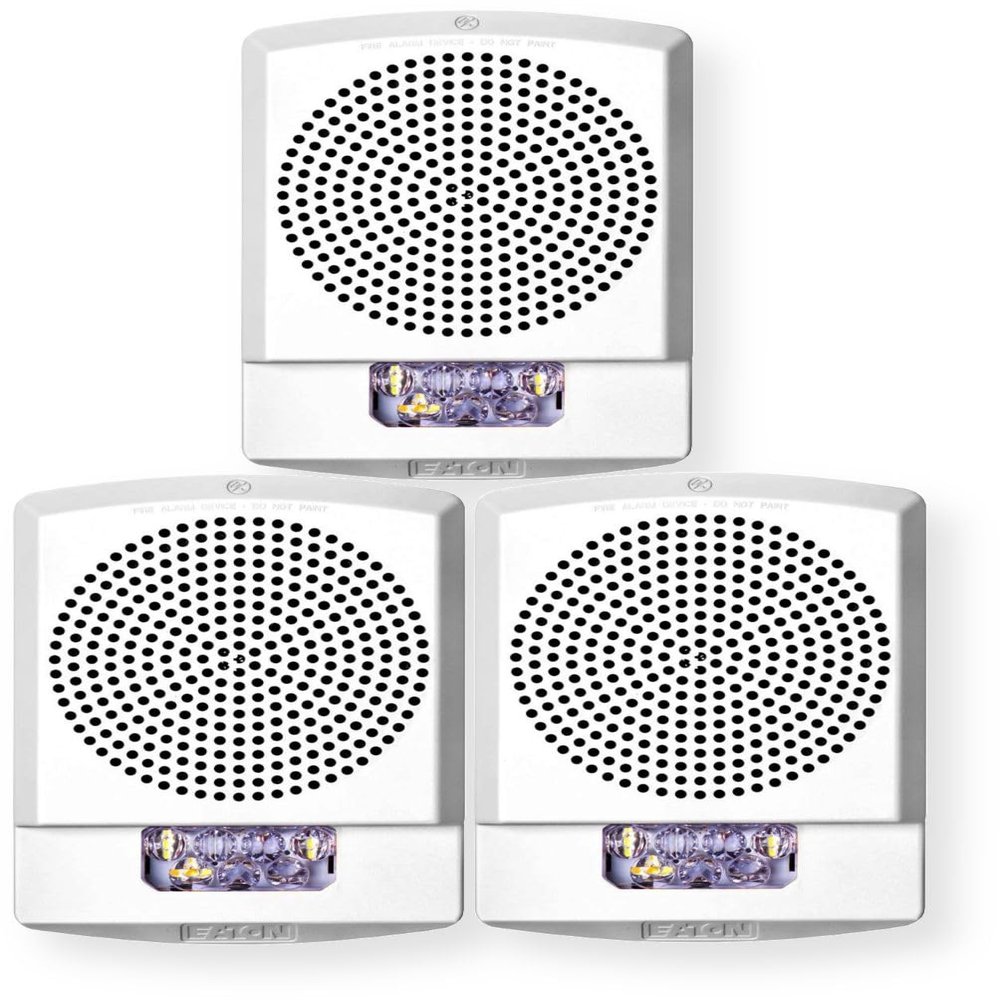 ELFHSW-CO Pack of 3 Low-Frequency Sounder Strobes, White; CO Lettering; Clear Lens; Built-in Level Adjustment; Snap-on Grille Cover; Indoor; Wall Mounting; 110/177cd, 24V; Mounting Plate