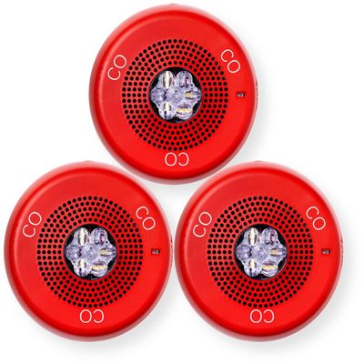 ELFHSRC-CO Pack of 3 Low-Frequency Sounder Strobes, Red; CO Lettering; Clear Lens; Built-in Level Adjustment and Snap-on Grille Cover; Indoor; Ceiling Mounting; 110/177 cd; 24V; Mounting Plate
