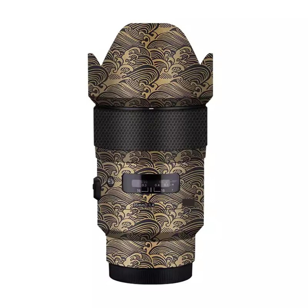 35 1.4 Camera Lens Skin Sony Coat Wrap Protective Film Body Decal Anti-Scratch Sticker Accessories for Sigma 35mm F1.4 DG HSM Art Fit for Sony Mount Camera 1:1.4(Wave Gold)