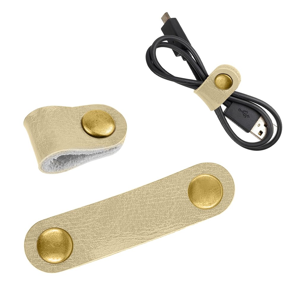 2 Pack Cord Organizer, Leather Cable Management, Earphone Clips Ties, Cable Straps, USB Straps, Stocking Stuffers for Men (Gold)