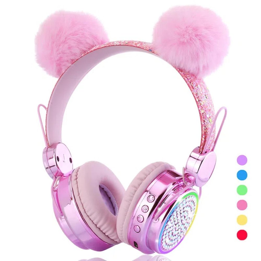 QKSHZHZQ Kids Headphones Wireless Bluetooth 5.3 Colorful LED Lights Over-Ear 85dB Volume Limited Girls Headphones for Children/Teens/Gift/School/Tablet/Travel (Pink)