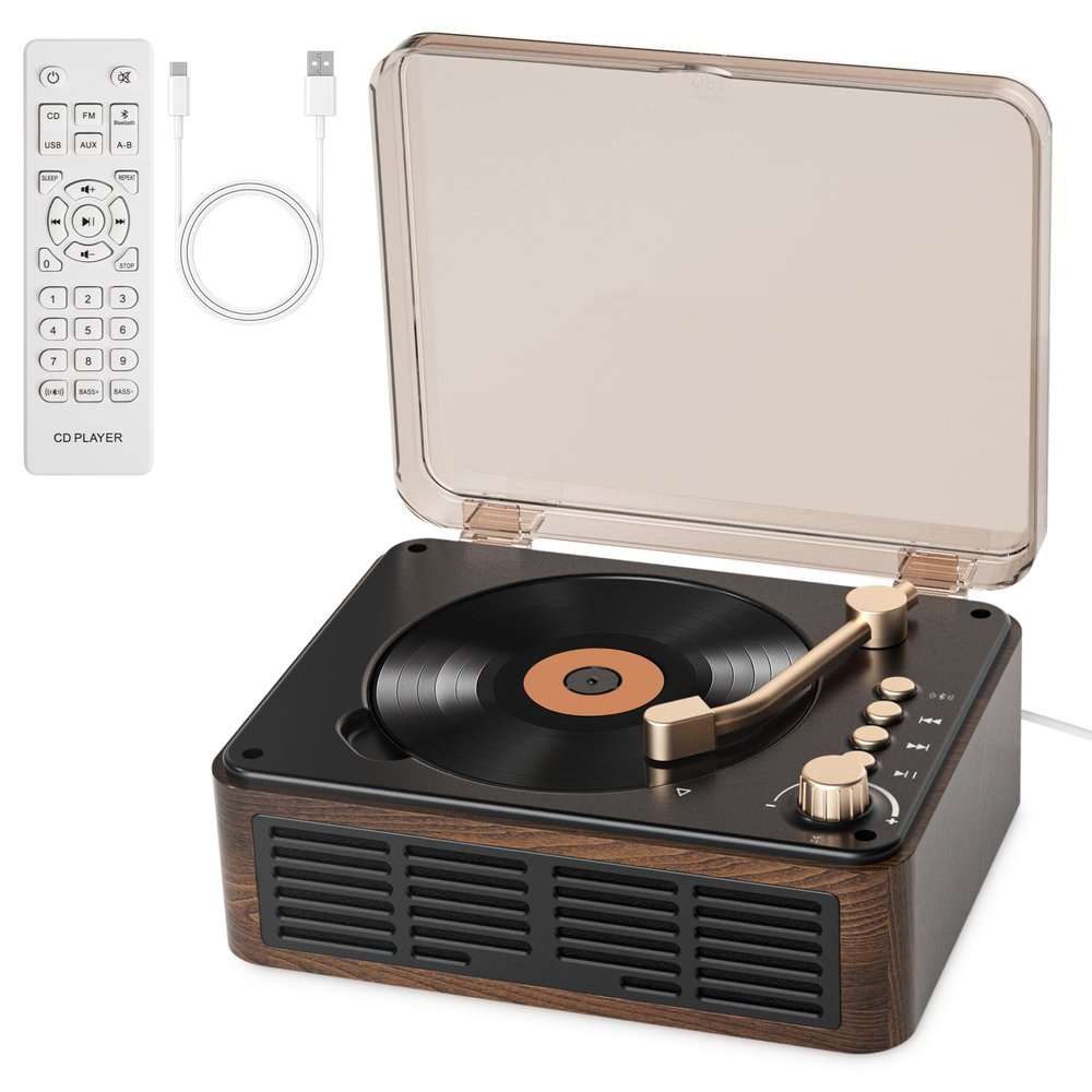 Gueray CD Player with Speakers HiFi Stereo Sound for Home,Bluetooth Retro Wood CD Music Players FM Radio with Remote Control,Support USB & AUX Playback
