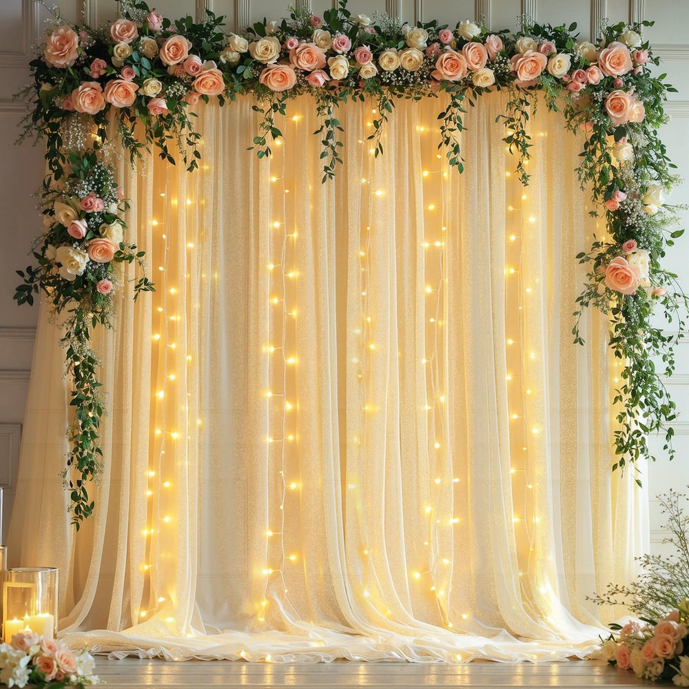 10x10ft Champagne Tulle Backdrop Curtains with Lights String for Parties,Wrinkle Free Sheer Curtain with Lights Wedding Photo Backdop Drapes for Baby Shower Birthday Party Photography Home Decorations