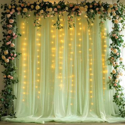 10x10ft Sage Green Tulle Backdrop Curtains with Lights String for Party,Wrinkle Free Sheer Curtain with Lights Wedding Photo Backdop Drapes for Baby Shower Birthday Party Photography Home Decorations