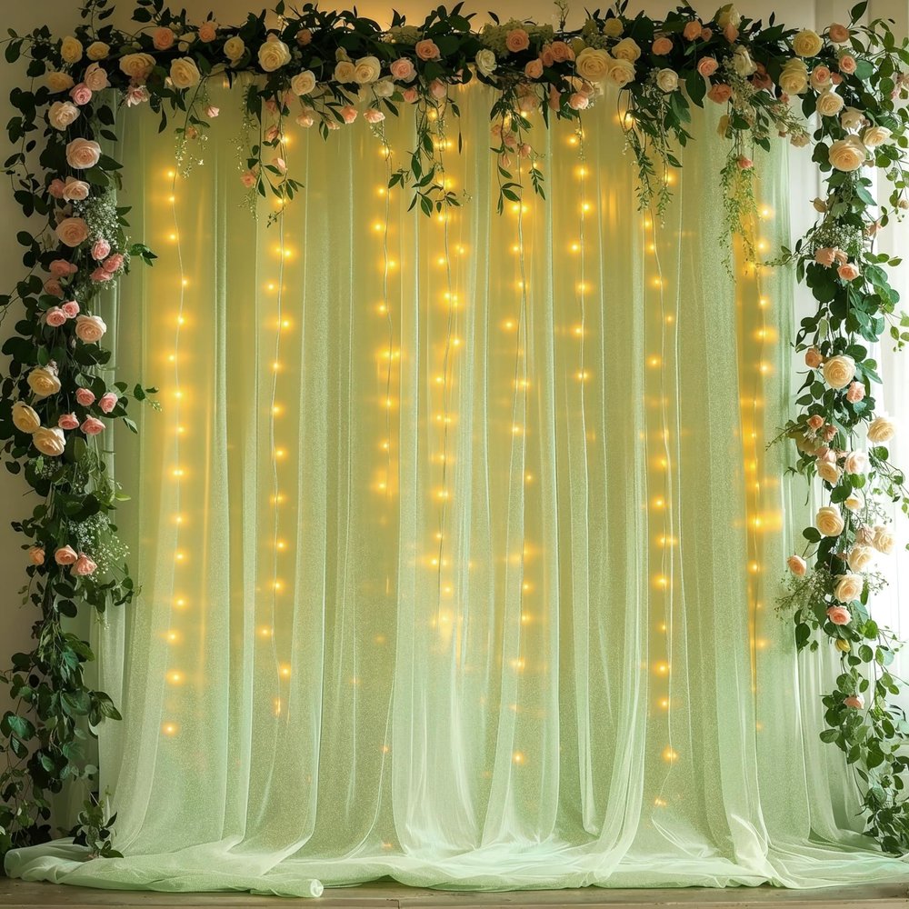 10x10ft Sage Green Tulle Backdrop Curtains with Lights String for Party,Wrinkle Free Sheer Curtain with Lights Wedding Photo Backdop Drapes for Baby Shower Birthday Party Photography Home Decorations