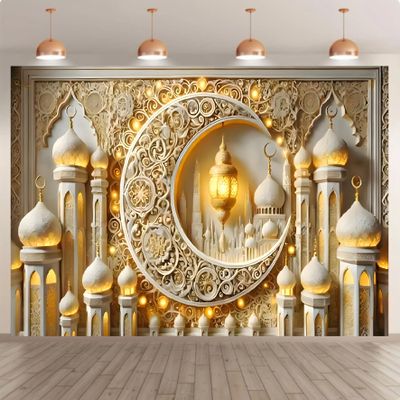 10x8 feet Eid Backdrop Banner Photography Ramadan Golden Moon Karim Holiday Party Poster Background Family Portrait Photo Zone Props
