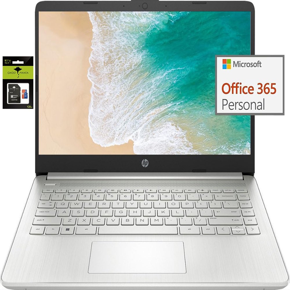 HP Laptop Computer 14" Ultral Light for Students and Business, 4 Cores Intel Celeron, 16GB RAM, 256GB Storage(128GB eMMC+128GB Ghost Manta SD), 1 Year Office 365, Webcam, HDMI, WiFi, USB-C, Win 11 S
